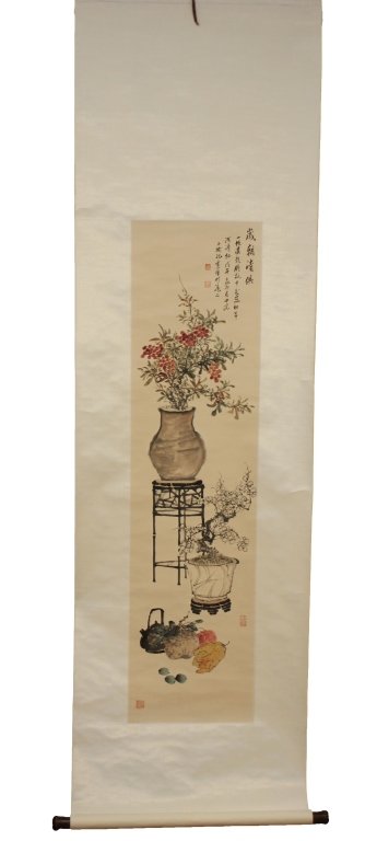 CHINESE WATER COLOR ON SILK SCROLL PLANTERS: Measures 53" x 13" scroll length is 82" depicts fruit Tea Pot resting on floor next to small Tree in Planter. Next to Table large Planter with Flowering Plants. Has several Seals and Calligraphy.