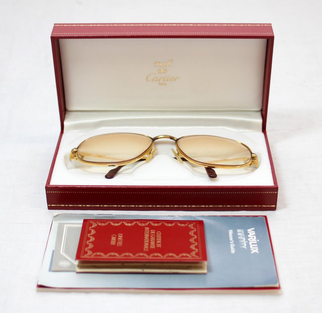 CARTIER VINTAGE GOLD FILLED LUNETTES GLASSES 58-18: A pair of fabulous Cartier Paris, France, 'Les Must de Cartier' Lunettes glasses frames having a Gold filled finish #58-18. Includes original fitted presentation box with all paperwork and cover box (