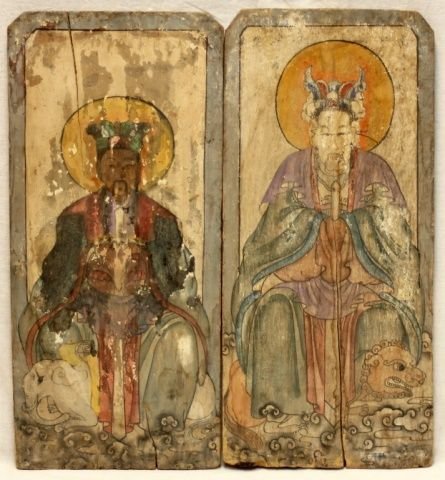 PAIR OF OLD THAI HAND PAINTED WOODEN WALL PLAQUES (1 of 1)