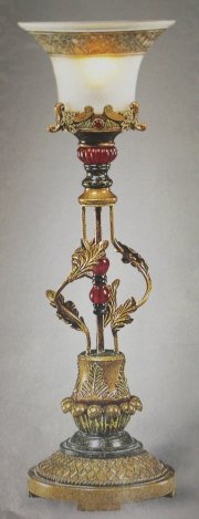 ANTIQUE STYLE TORCHIERE TABLE LAMP: Antique Style Torchiere Table Lamp - Frosted Antiqued Glass Globe - Antiqued Gold Finish Metal Base with Resin Accents - 29"H x 10"W x 10"D - Weighs Appx 11 lbs