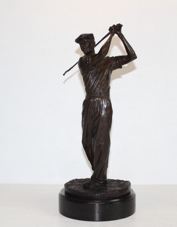 "BEN HOGAN GOLFER" BRONZE SCULPTURE - TUNISON: "BEN HOGAN GOLFER" BRONZE SCULPTURE - AFTER RON TUNISON - 14.5"H x 6.5"W x 6.5"D - LOST WAX CAST - MUSEUM BROWN PATINA -MOUNTED ON A MARBLE BASE