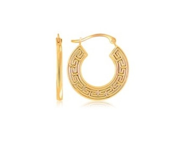 14KY GOLD GREEK KEY SMALL HOOP EARRINGS W/ FLAT SIDES-: 14k Yellow Gold Greek Key Small Hoop Earrings With Flat Sides - These Beautifully Patterned Earrings Feature A Slim Profile Combined With A Wide Silhouette That Proves To Be An Ample Canvas For An Att