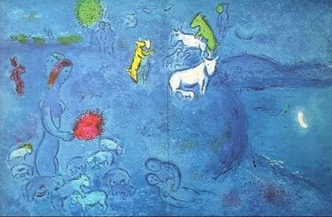 VINTAGE CHAGALL "DAPHNIS AND CHLOE" LITHOGRAPH: 1977 Marc Chagall Lithograph Book Plate / "Spring" From The "Daphnis And Chloe" Folio / Printed In 1977 / Publisher = George Braziller / Approximate Image Size: 18.5 X 12.75 / Not Framed