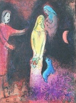 VINTAGE CHAGALL "DAPHNIS AND CHLOE" LITHOGRAPH: 1977 Marc Chagall Lithograph Book Plate / "Chloe Dressed And Coiffured By Clearista" From The "Daphnis And Chloe" Folio / Printed In 1977 / Publisher = George Braziller / Approximate Image Size: 9.5 X