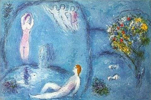 VINTAGE CHAGALL "DAPHNIS AND CHLOE" LITHOGRAPH: 1977 Marc Chagall Lithograph Book Plate / "Daphnis And Chloe In The Cave Of The Nymphs" From The "Daphnis And Chloe" Folio / Printed In 1977 / Publisher = George Braziller / Approximate Image Size: 18