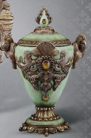 ANTIQUE STYLE LIDDED BOX: Antique Style Lidded Box - Antiqued Gold and Verdi Finish - 11.25"H x 8.5"W x 6"D - Weighs Appx 5 lbs - Resin