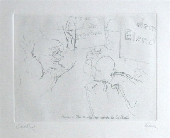 LEVINE HAND SIGNED ETCHING "PEACHUM TRIES TO STOP THE: Jack Levine Hand Signed Etching "Peachum Tries To Stop The March To St - Paul's" - Original Soft Ground Etching, Signed In Pencil And Annotated "Artist's Proof" - This Etching Was Executed In 1967 For