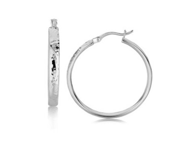 STERL HAMMERED STYLE HOOP EARRINGS W/ RHODIUM PLATING: .925 Sterling Silver Hammered Style Hoop Earrings With Rhodium Plating (30mm) - Hammered Diamond Cuts Exude Sparkly Glamor On This Lovely Pair Of Hoop Earrings - Crafted In .925 Sterling Silver With R