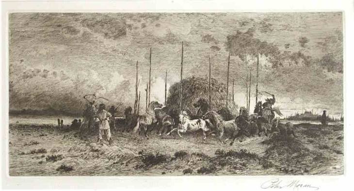 PETER MORAN SIGNED ORIGINAL ETCHING "HARVEST IN SAN: Peter Moran Signed Original Etching "Harvest In San Juan, New Mexico" - Signed In Pencil - Catalogue Reference: Keppel 74 - Executed In 1883; This Is A Rich Impression On Wove Paper - Size: 6 X 12 1/4