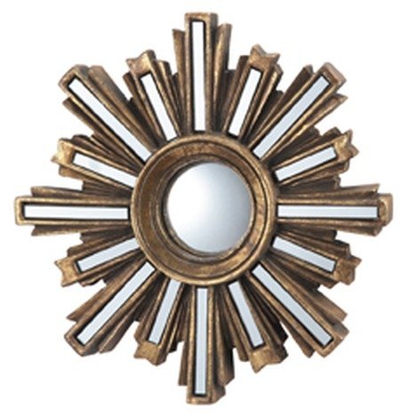GOLD DECO MIRROR: Gold Deco Wall Mirror With Sunburst Design. 10" X 10" X 1".