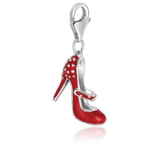 STERL RED ENAMELED HIGH HEEL SHOE CHARM: An Exquisitely Crafted .925 Sterling Silver Charm Depicting A High Heel Shoe With Mary Jane Style Strap And Stud Detailing By The Back - Coated In Stunning Red Tone Enamel; This Charm Hangs From A Bra
