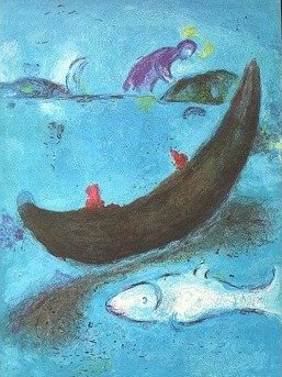VINTAGE CHAGALL "DAPHNIS AND CHLOE" LITHOGRAPH: 1977 Marc Chagall Lithograph Book Plate / "The Dead Dolphin And The 300 Crowns" From The "Daphnis And Chloe" Folio / Printed In 1977 / Publisher = George Braziller / Approximate Image Size: 9.5 X 12.7