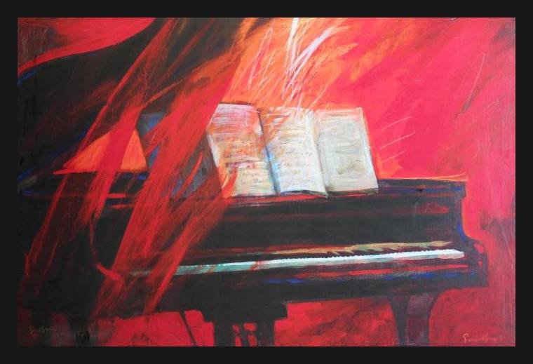 SIMON BULL SIGNED GALLERY PROOF "PIANO PASSION": Simon Bull Gallery Proof "Piano Passion" - Hand Signed By The Artist (Also Signed In The Print) - Giclee On Canvas - Framed Gallery Style With Black Solid Wood Frame - Appx Image Size 26" X 42" --