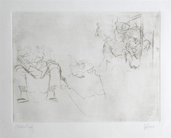 LEVINE HAND SIGNED ETCHING "JENNY VISITS MCHEATH": Jack Levine Hand Signed Etching "Jenny Visits Mcheath" - Original Soft Ground Etching, Signed In Pencil And Annotated "Artist's Proof" - This Etching Was Executed In 1967 For The "Dreigroschen Film" S