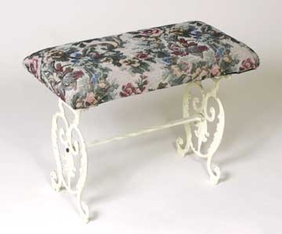 CAST IRON BENCH: CAST IRON BENCH - ANTIQUE WHITE FINISH - APPX 18"H X 23"W X 11"D - FABRIC MAY VARY - CAN BE EASILY RECOVERED