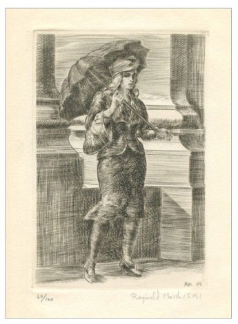REGINALD MARSH ORIGINAL ETCHING "GIRL WITH UMBRELLA": Reginald Marsh Original Etching "Girl With Umbrella" - Original Engraving - Executed In 1938 In An Edition Of Only 21, This Impression Is From The Second Edition, Issued In An Edition Of 100, As The S
