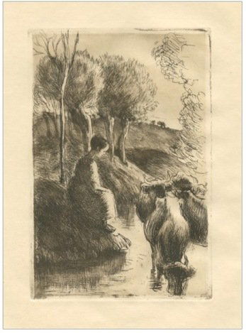 CAMILLE PISSARRO "VACHERE AU BORD DE L'EAU" ORIGINAL: Camille Pissarro "Vachere Au Bord De L'eau" Original Etching On Japon Paper - Original Etching And Drypoint - This Rare And Beautiful Impression On Japon Paper Is One Of Only 50 Printed For The Deluxe