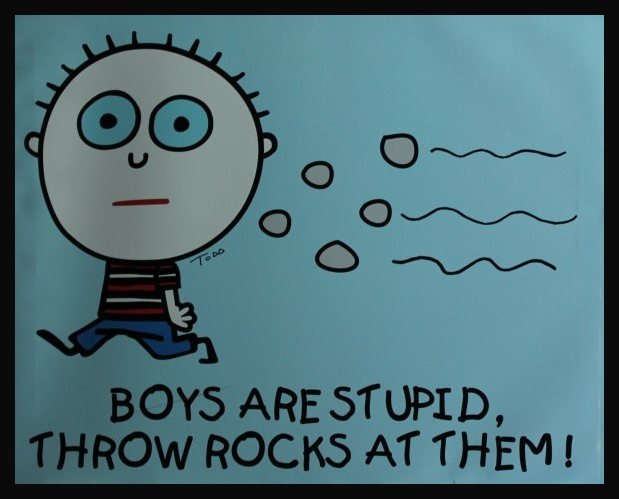 GOLDMAN SIGNED GALLERY PROOF "BOYS ARE STUPID, THROW: Goldman Gallery Proof - "Boys Are Stupid, Throw Rocks At them" - Giclee On Canvas - Hand Signed by the Artist - Framed Gallery Style With Black Solid Wood Frame - Appx Image Size 24" X 30" --