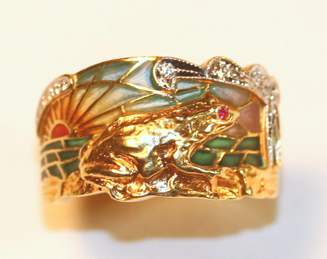 Masriera Art Nouveau Frog & Sunset Design 18K Ring: Masriera B1658B 18K Art Nouveau ring with plique-a-jour enamelwork with frog and sunset motif. Frogâ€™s eye is a 0.01ct ruby. Eleven brilliant cut diamonds accent the ring. Color: G Clarity: VS-2