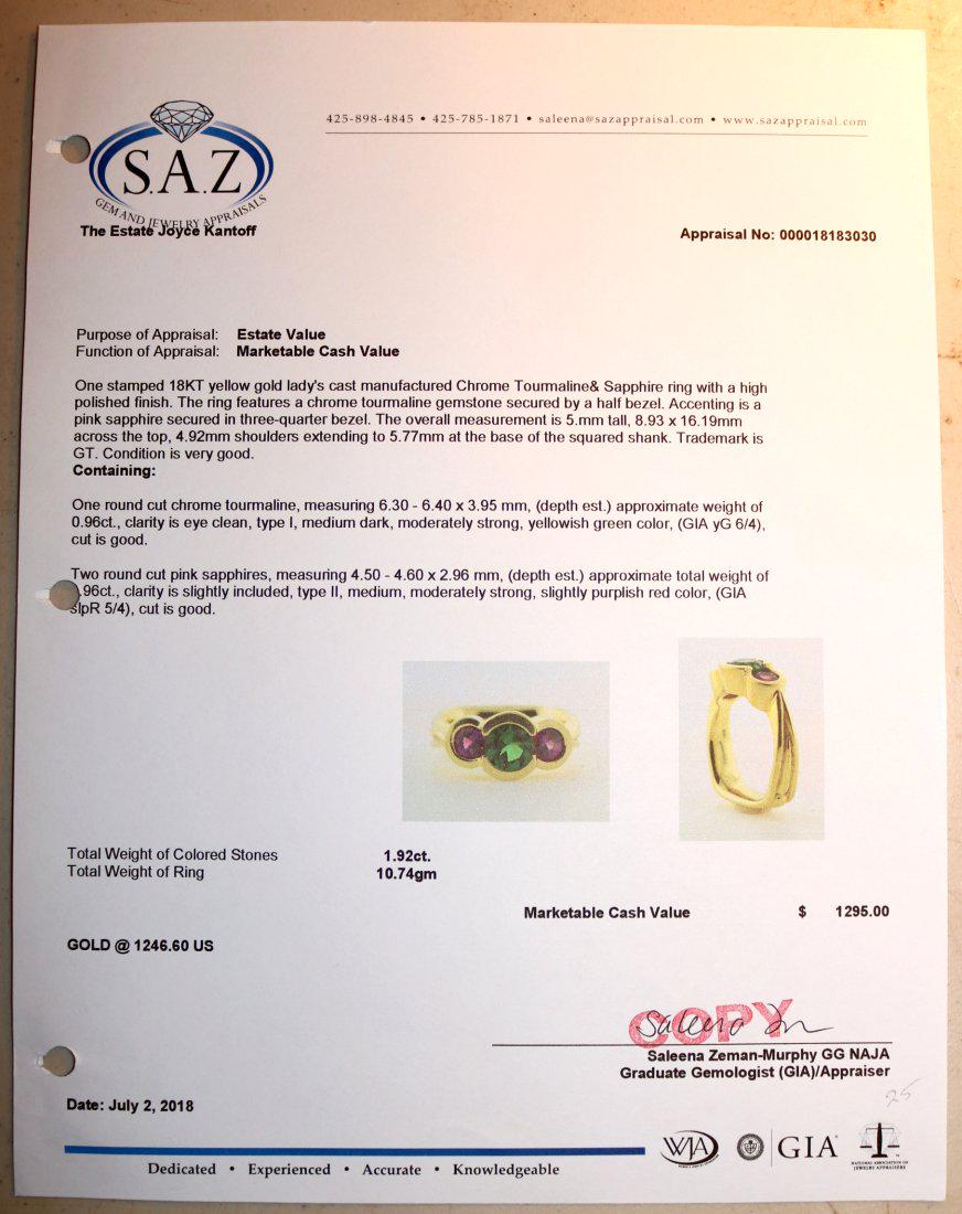 Chrome Tourmaline & Sapphire 18K Yellow Gold Ring: 18K yellow gold ring set with, approximately 0.96ct, chrome tourmaline and two round cut pink sapphires. TW of Colored Stones: 1.92ct TW of Ring: 10.74gm Size: 5.25 TW and sizes are Approximate. See a