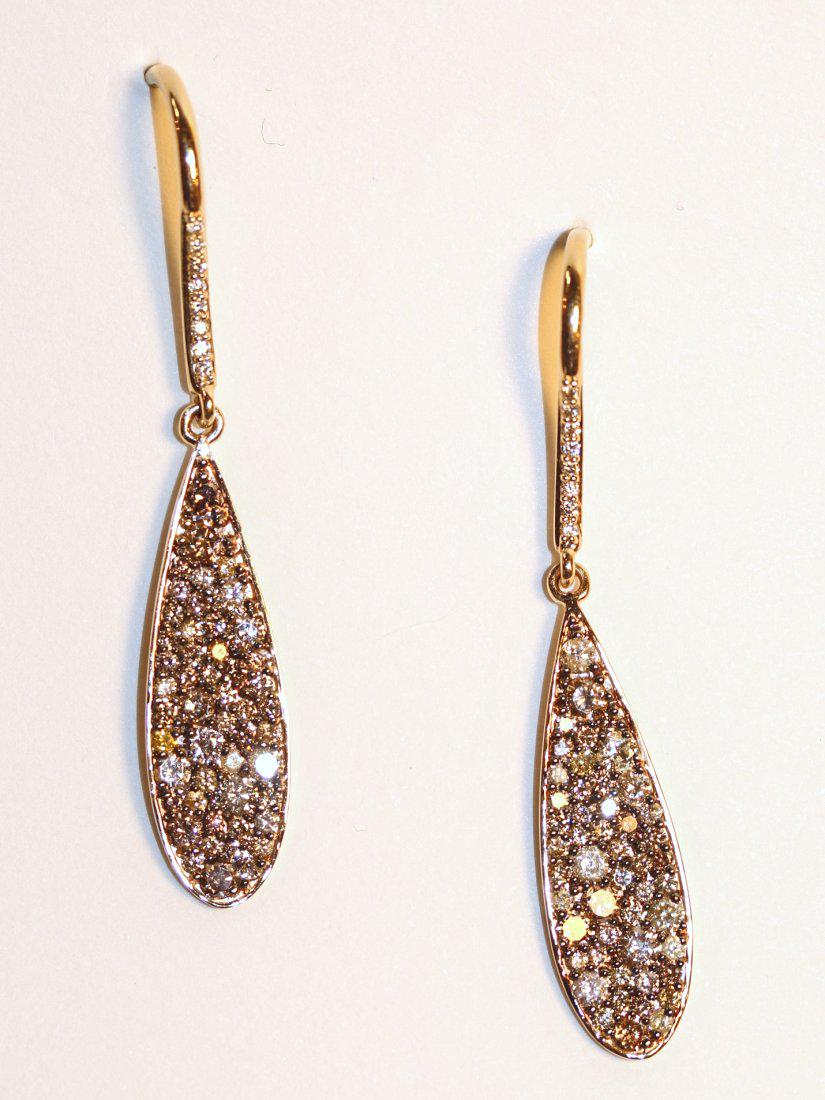 Sonia B 14K Yellow Gold & Diamond Earrings: 14k yellow gold earrings with Sheppard hoof findings. Each earring has eight bead set diamonds down the front of the Sheppard hook and attached is a tear drop with forty-nine pave set, multi-colored d