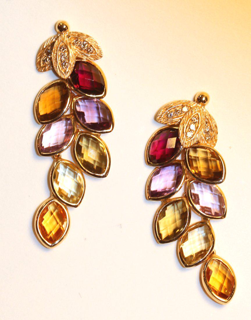 14K Yellow Gold Gemstone Leaf Cluster Earrings: 14k yellow gold cast earrings with pierced ear post set with a three-leaf cluster each with three, bead set, round brilliant diamonds. Attached is a cluster of seven, bezel set, marquise cut gemstones