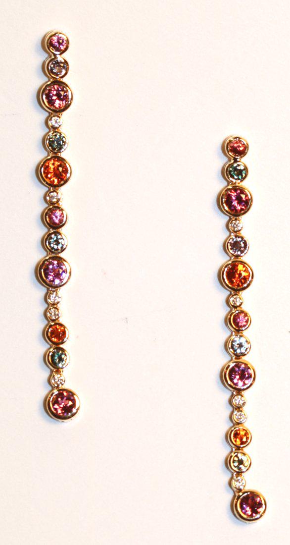 Sonia Bitton 14K Yellow Gold Multi-Color Sapphire: Sonia Bitton 14k yellow gold earrings with pierced ear posts. Feature multiple bezel set, sapphires and diamonds. TW of Colored Stones: 3.53ct TW of Diamonds: 0.14ct TW of Earrings: 6.17gm TW and size
