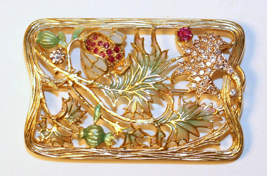 Masriera Designer 18K Yellow Gold Brooch: Masriera brooch stamped 750kt yellow gold. Brooch is rectangular with enamel floral motif with diamond pave and ruby lady bug. Accented by one round brilliant cut diamond and a ruby. TW of Colored Sto