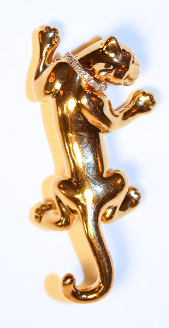 14K Yellow Gold Cast Panther Brooch: 14k Yellow gold cast panther brooch with collar set with nine, bead-set, single cut diamonds. TW of Diamonds: 0.07ct TW of Brooch: 6.59gm TW and sizes are Approximate. See accompanying appraisal copy 