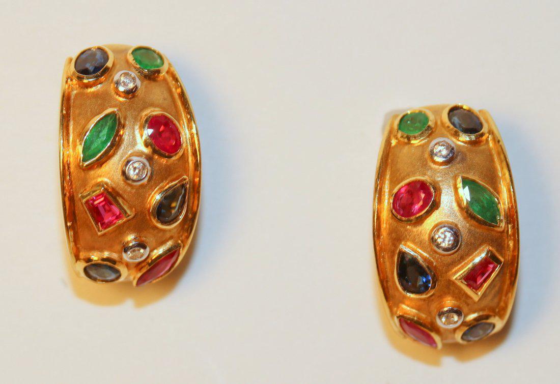 18K Yellow Gold Byzantine Style Earrings with Diamonds: 18k yellow gold earrings with omega clip backs. Byzantine style featuring bezel-set diamonds, ruby, emerald, and sapphire in different shapes. (find matching ring, lot 152) TW of Colored Stones: 1.66c