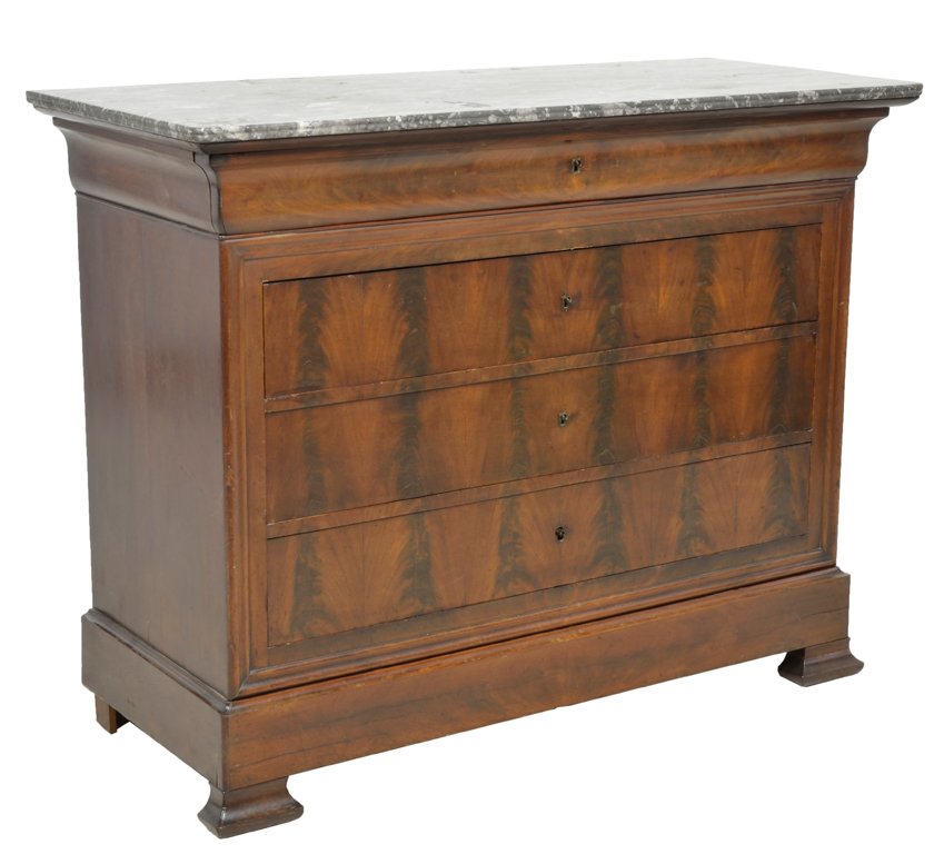 AN ANTIQUE CHARLES X RESTAURATION STYLE MAHOGANY CHEST: AN ANTIQUE CHARLES X RESTAURATION STYLE MAHOGANY CHEST 19th Century, Italy An antique Restauration style mahogany chest features a white and black marble top, a conforming top drawer rests atop three 
