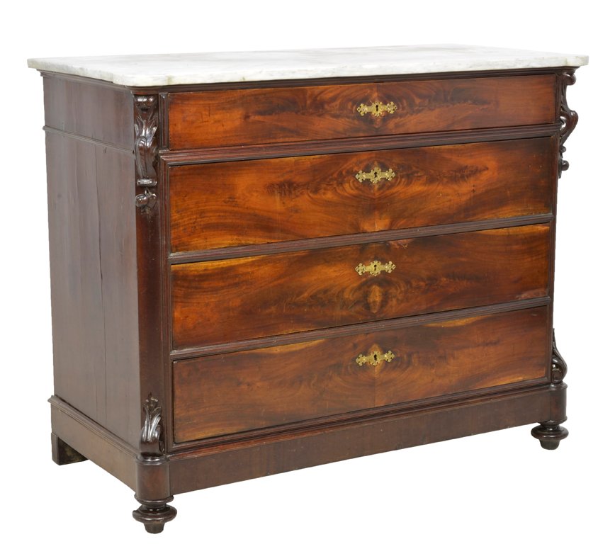 A CHARLES X VICTORIAN STYLE FOUR DRAWER WALNUT COMMODE : A CHARLES X VICTORIAN STYLE FOUR DRAWER WALNUT COMMODE CHEST Early 20th Century A Victorian style four drawer walnut commode with conforming white marble top, featuring flanking carved acanthus scroll