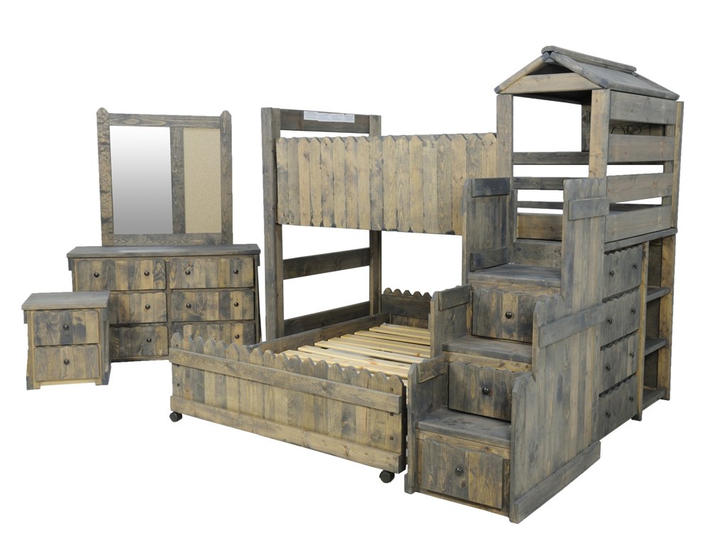 A CHARMING BUNKBED SET WITH STEPS INCLUDING CHEST OF DR: A CHARMING BUNKBED SET WITH STEPS INCLUDING CHEST OF DRAWERS AND NIGHTSTAND This whimsical wood bunkbed set with gray wash featuring a picket fence design includes two twin sized beds with slats joine
