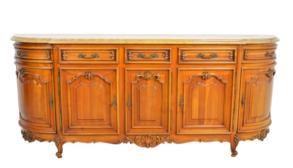 A LOUIS XV STYLE CHERRYWOOD ENFILADE BUFFET WITH MARBLE: A LOUIS XV STYLE CHERRYWOOD ENFILADE BUFFET WITH MARBLE TOP 20th Century, Italy A Louis XV style cherrywood enfilade features an oval yellow marble top, having two bay drawers and panel doors, with th