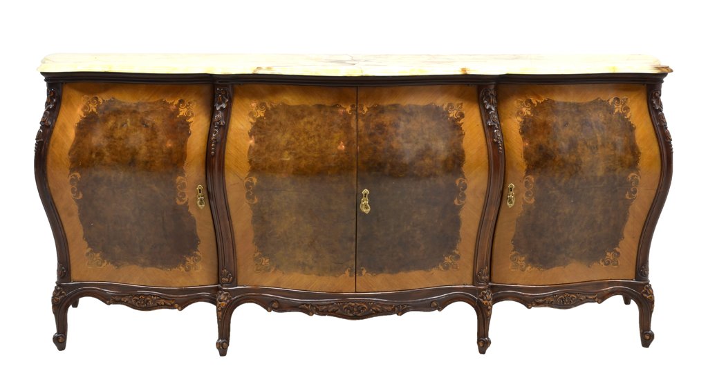 A LOUIS XV BOMBE STYLE BUFFET ENFILADE WITH MARBLE TOP : A LOUIS XV BOMBE STYLE BUFFET ENFILADE WITH MARBLE TOP AND MARQUETRY Mid-20th Century A Louis XV bombe style buffet features a shaped yellow marble top with four cabinets, the center stepped cabinets 