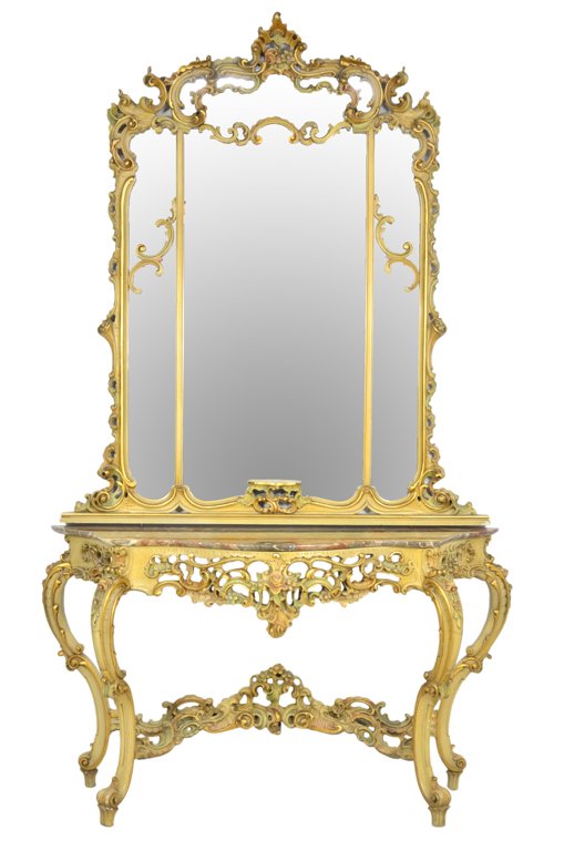 AN ANTIQUE ITALIAN ROCOCO STYLE PAINTED & GILDED CONSOL: AN ANTIQUE ITALIAN ROCOCO STYLE PAINTED & GILDED CONSOLE TABLE WITH MIRROR Early 20th Century, Italy An Italian Rococo style console table with mirror is carved antique wood featuring scrolling tendri