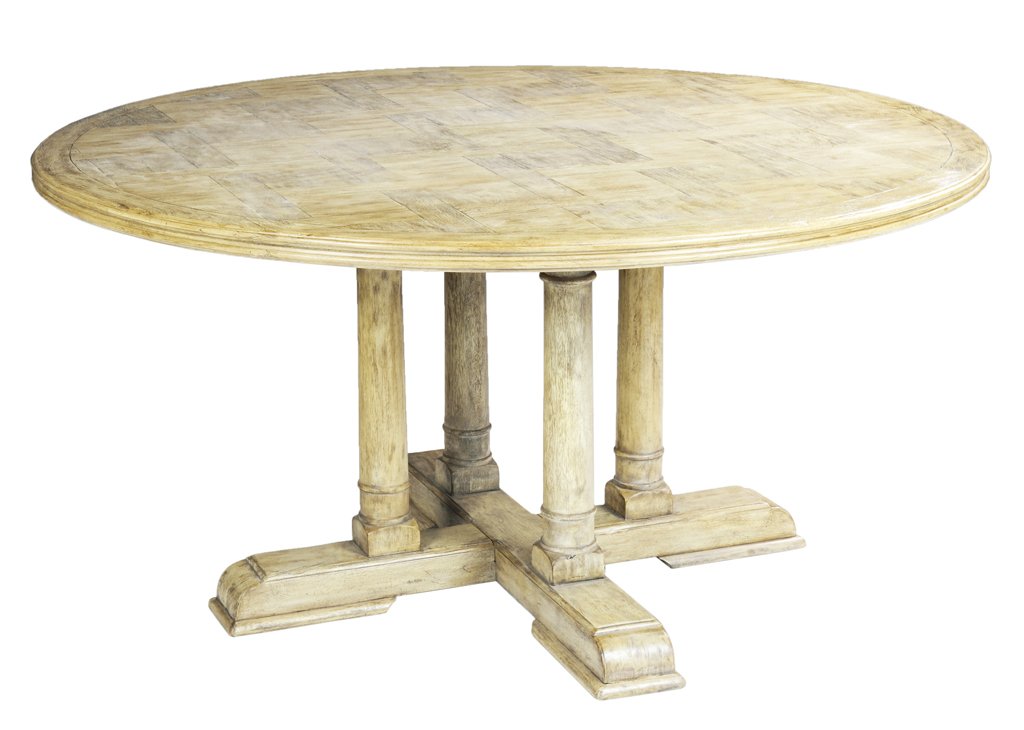 A VINTAGE WHITEWASHED OAK ROUND DINING TABLE: A VINTAGE WHITEWASHED OAK ROUND DINING TABLE 20th Century The round, whitewashed parquetry top is supported by four columnar supports; raised on a quadripartite base. Good condition. 30 x 60 x 60 inch