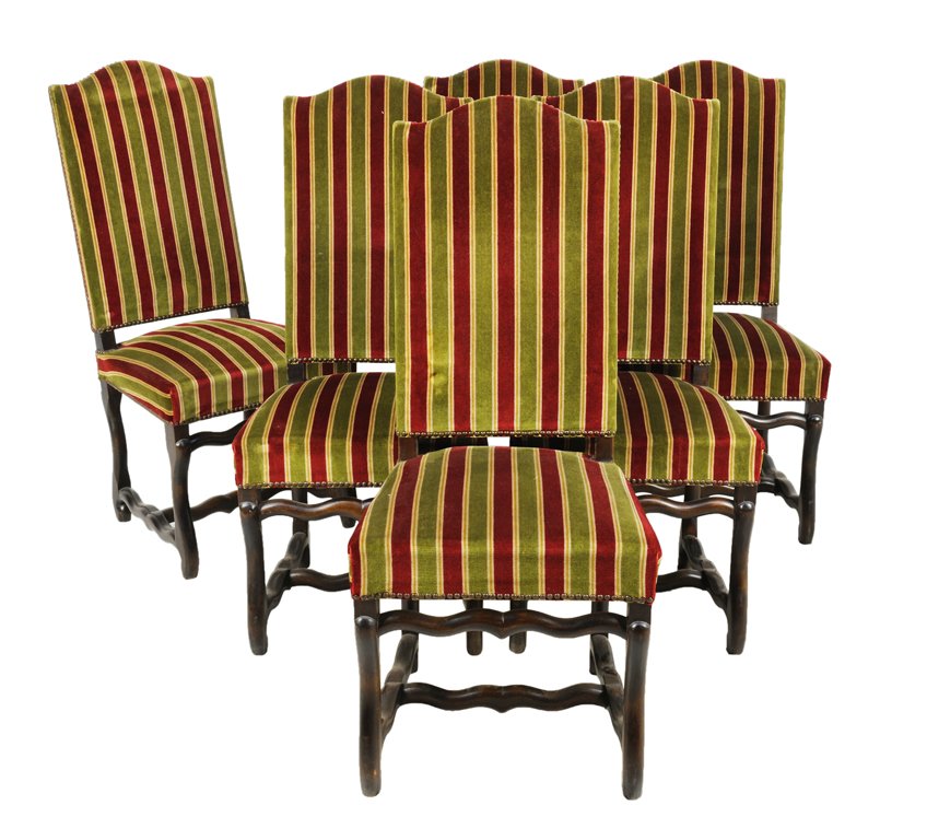 A SET OF SIX LOUIS XIII MOUTON STYLE CHAIRS: A SET OF SIX LOUIS XIII MOUTON STYLE CHAIRS Late 19th - Early 20th Century A set of six Louis XIII mouton style chairs having an arched crest rail with canted back, a covered seat, and two wishbone ""