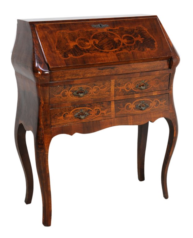 A FRENCH STYLE WALNUT FINISH LADIES DESK WITH MARQUETRY: A FRENCH STYLE WALNUT FINISH LADIES DESK WITH MARQUETRY Early 20th Century A ladies desk featuring marquetry and locking writing surface surmounting four drawers on cabriole legs. 41 x 33½ x 15¾ inc