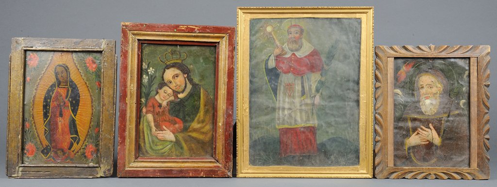 A COLLECTION OF FOUR OIL ON TIN PAINTED RETABLOS: A COLLECTION OF FOUR OIL ON TIN PAINTED RETABLOS 19th Century 1) Saint Nicholas oil on tin (framed) 2) La Virgin de Guadalupe oil on tin (framed) 3) St. Benedict oil on tin, carved wood frame 4) St. J