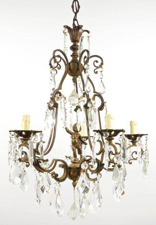 AN ITALIAN VILLA STYLE CRYSTAL FIVE-LIGHT CHANDELIER WI: AN ITALIAN VILLA STYLE CRYSTAL FIVE-LIGHT CHANDELIER WITH PUTTI ANGEL 20th Century An Italian villa style bronze and crystal five light chandelier features a tulip style crown, and vase style upright