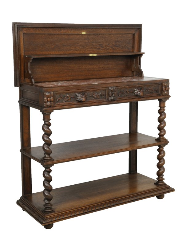 A HENRI II STYLE CONVERTIBLE SIDEBOARD WITH RED MARBLE,: A HENRI II STYLE CONVERTIBLE SIDEBOARD WITH RED MARBLE, LION AND BARLEY TWIST Early 20th Century, France A Henri II style convertible sideboard having a flip open wood top, attached shelf with bracket