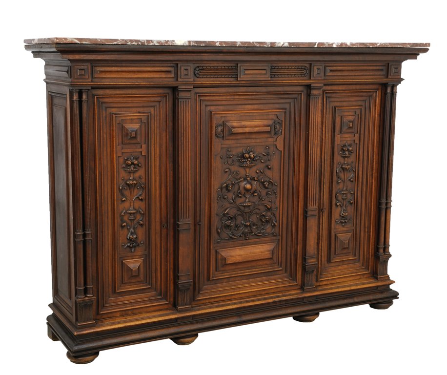 A TALL HENRI II VICTORIAN STYLE WALNUT BUFFET WITH RED : A TALL HENRI II VICTORIAN STYLE WALNUT BUFFET WITH RED MARBLE Early 20th Century A Henri II style buffet features a red marble top with lozenge and block details below, having three carved panel doors
