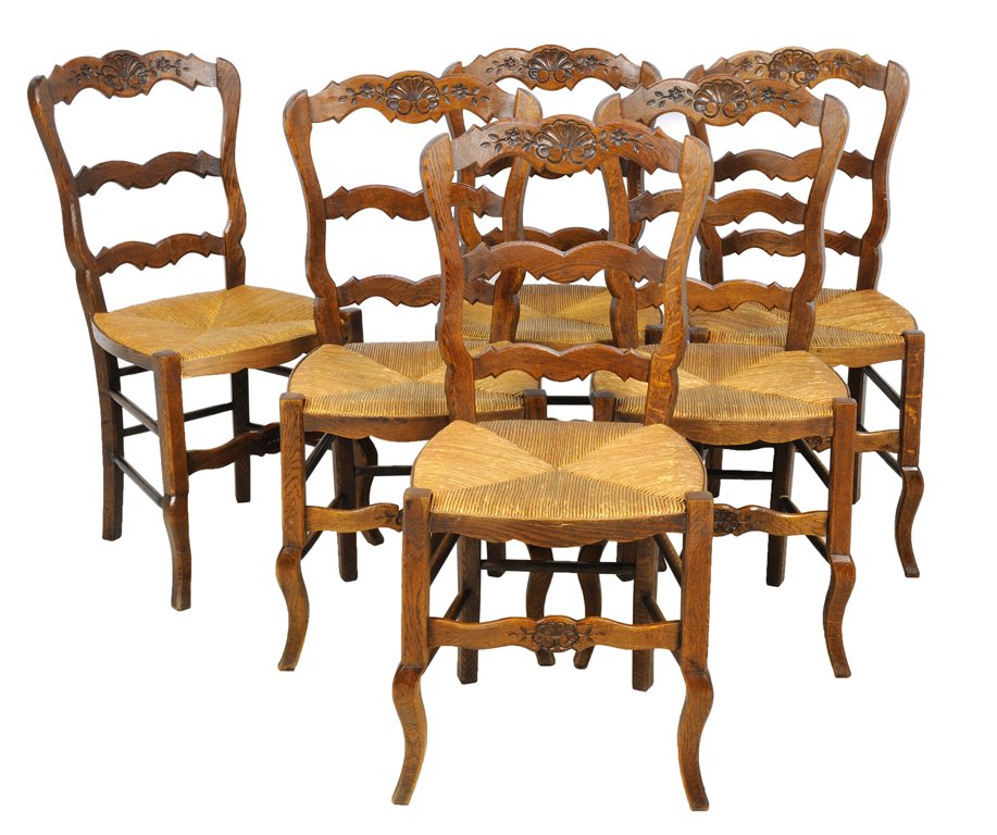 A SET OF SIX LOUIS XV STYLE LADDER BACK CHAIRS WITH RUS: A SET OF SIX LOUIS XV STYLE LADDER BACK CHAIRS WITH RUSH SEATS 20th Century Each chair features a shaped crest rail with ladder back highlighted by a centered carved shell motif above a rush seat supp
