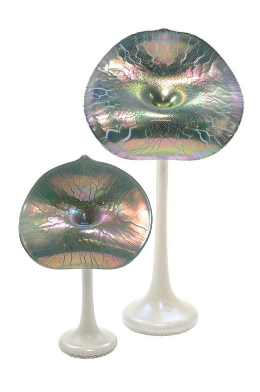 A PAIR OF MAGNIFICENT ABELMAN TIFFANY STYLE JACK IN THE: A PAIR OF MAGNIFICENT ABELMAN TIFFANY STYLE JACK IN THE PULPIT VASES 20th Century The pulpit having a green, blue and purple iridescent crackle-like finish with a white pulled feather design on the ne