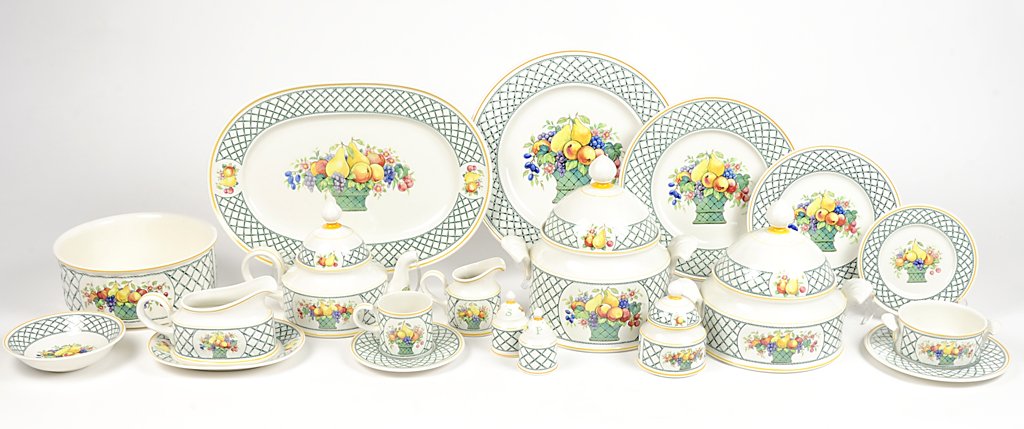 A VILLEROY AND BOCH "BASKET" PATTERN CHINA SET Late 20t: A VILLEROY AND BOCH ""BASKET"" PATTERN CHINA SET Late 20th Century Includes: 27 Dinner plates 28 Salad plates 15 Bread plates (6"") 14 6"" cereal bowls 12 Cream soup bowls with handles, and saucers 20