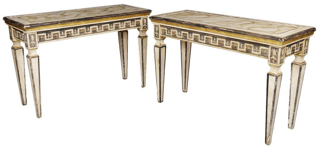 A PAIR OF ITALIAN NEOCLASSICAL STYLE PAINTED CONSOLE TA: A PAIR OF ITALIAN NEOCLASSICAL STYLE PAINTED CONSOLE TABLES Early 19th Century Each rectilinear faux marble top a conforming, recessed apron with geometric, Neoclassical style details parcel gilt alon