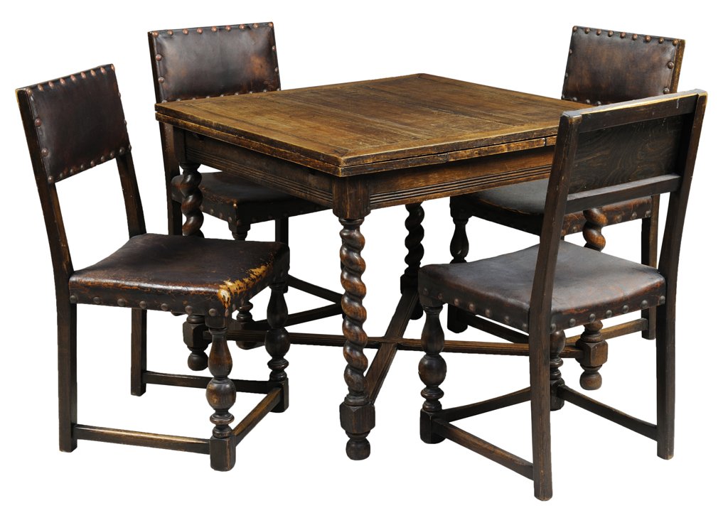 AN ENGLISH BARLEY TWIST PUB TABLE AND PURITAN STYLE CHA: AN ENGLISH BARLEY TWIST PUB TABLE AND PURITAN STYLE CHAIRS Late 19th Century- Early 20th Century A Henri II style English pub table having a three panel top with carved tracery, two draw leafs, a carv