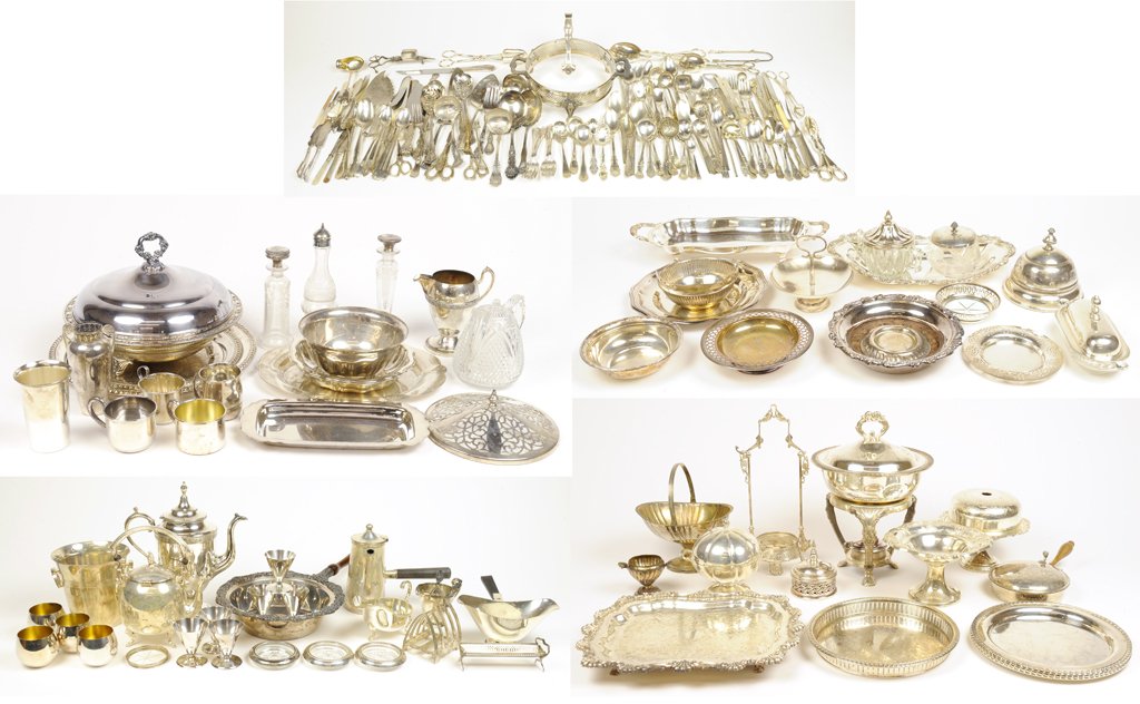 A COLLECTION OF VINTAGE SILVERPLATE SERVING ESSENTIALS: A COLLECTION OF VINTAGE SILVERPLATE SERVING ESSENTIALS 20th Century A collection of vintage silverplate serving essentials includes serving utensils, serving platters, candy dish, covered vessels, cof