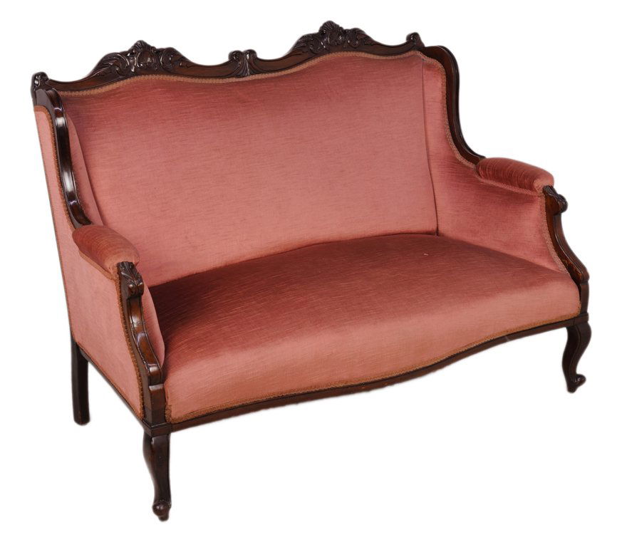 A VINTAGE LOUIS XV STYLE LOVE SETTEE: A VINTAGE LOUIS XV STYLE LOVE SETTEE Mid 20th Century A vintage two seat love settee with double arched camel back, covered arm rests, on cabriole legs. Very good condition. 37½ x 51 x 26 inches